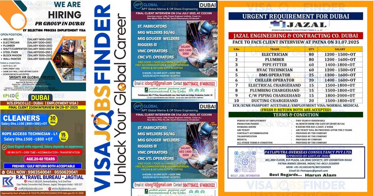 Dubai Job Vacancy Free Visa 2025 Electrician, Welder, Technician