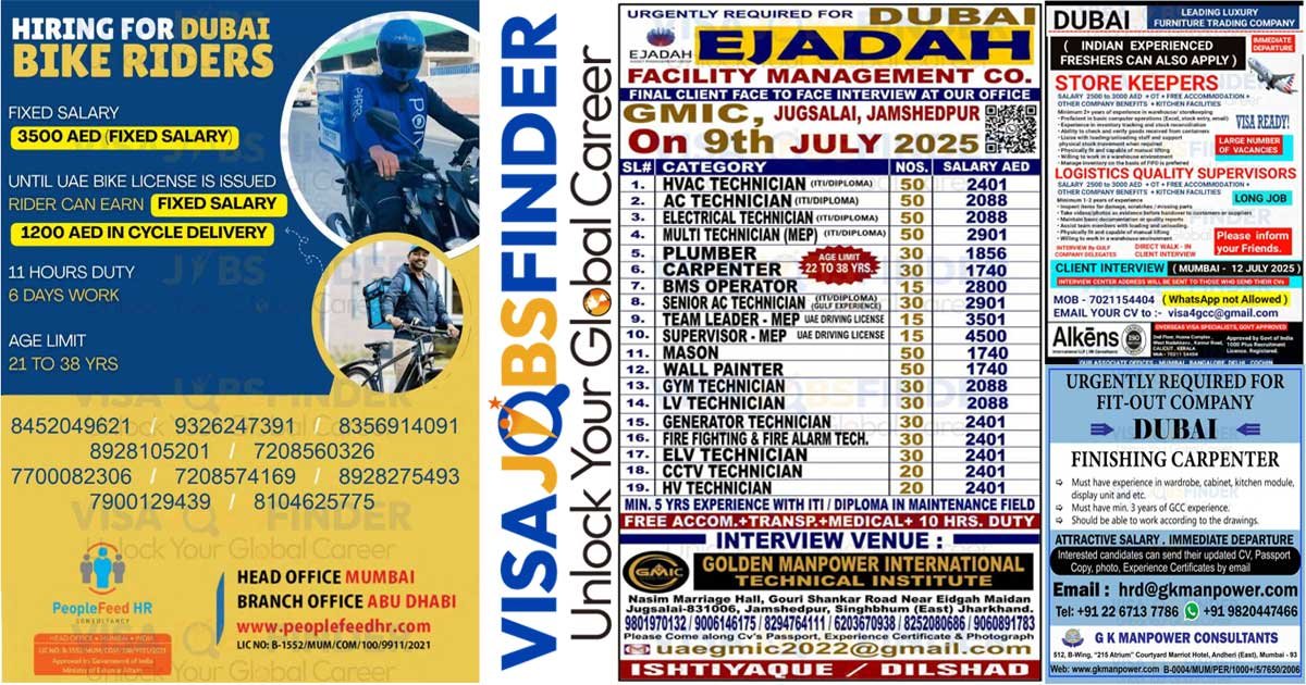 Dubai Visa Jobs Carpentry, Technicians & Bike Riders