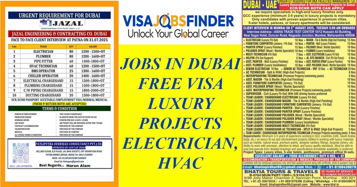 Jobs in Dubai Free Visa Luxury Projects Electrician, HVAC