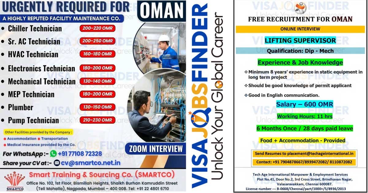 Oman Visa Jobs: Urgent Hiring for Technicians & Supervisors