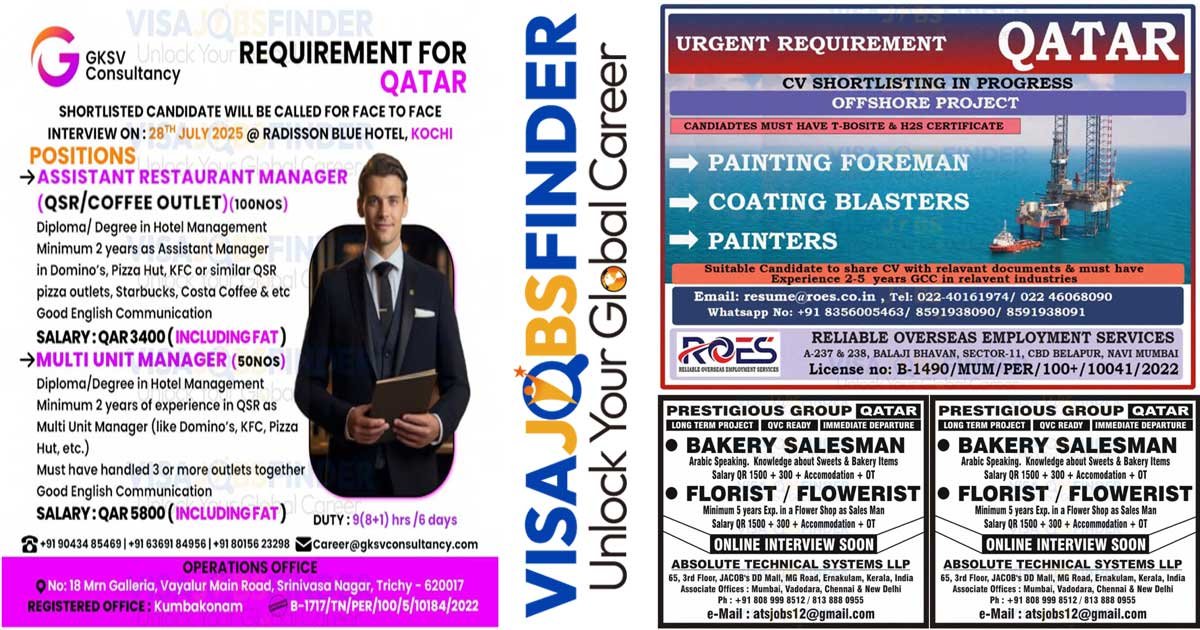 Qatar Visa Sponsorship Jobs Painting, Bakery & Hospitality