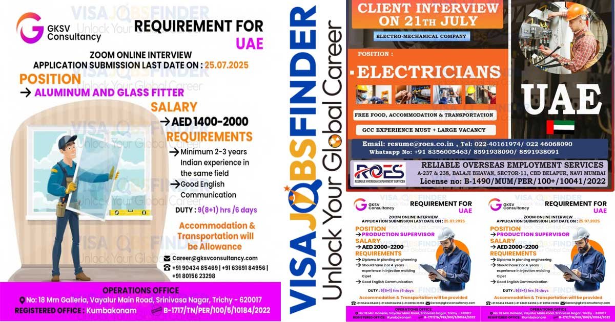UAE Jobs: Production Supervisor & Electrician Vacancies 2025