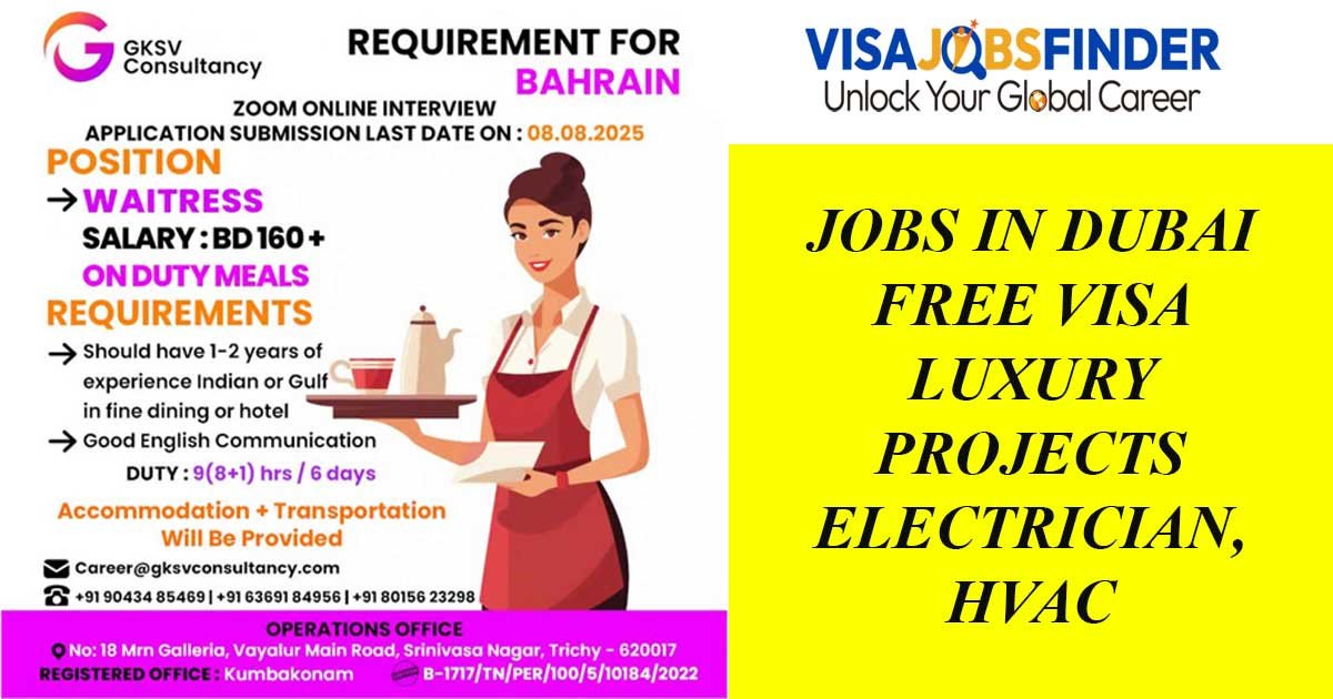 Bahrain Jobs Visa 2025 Sponsorship Waitress Position Open