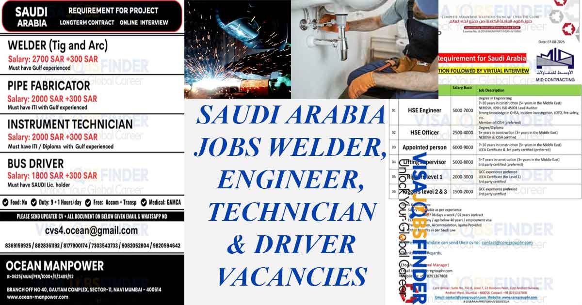 Saudi Arabia Jobs Welder, Engineer, Technician & Driver Vacancies